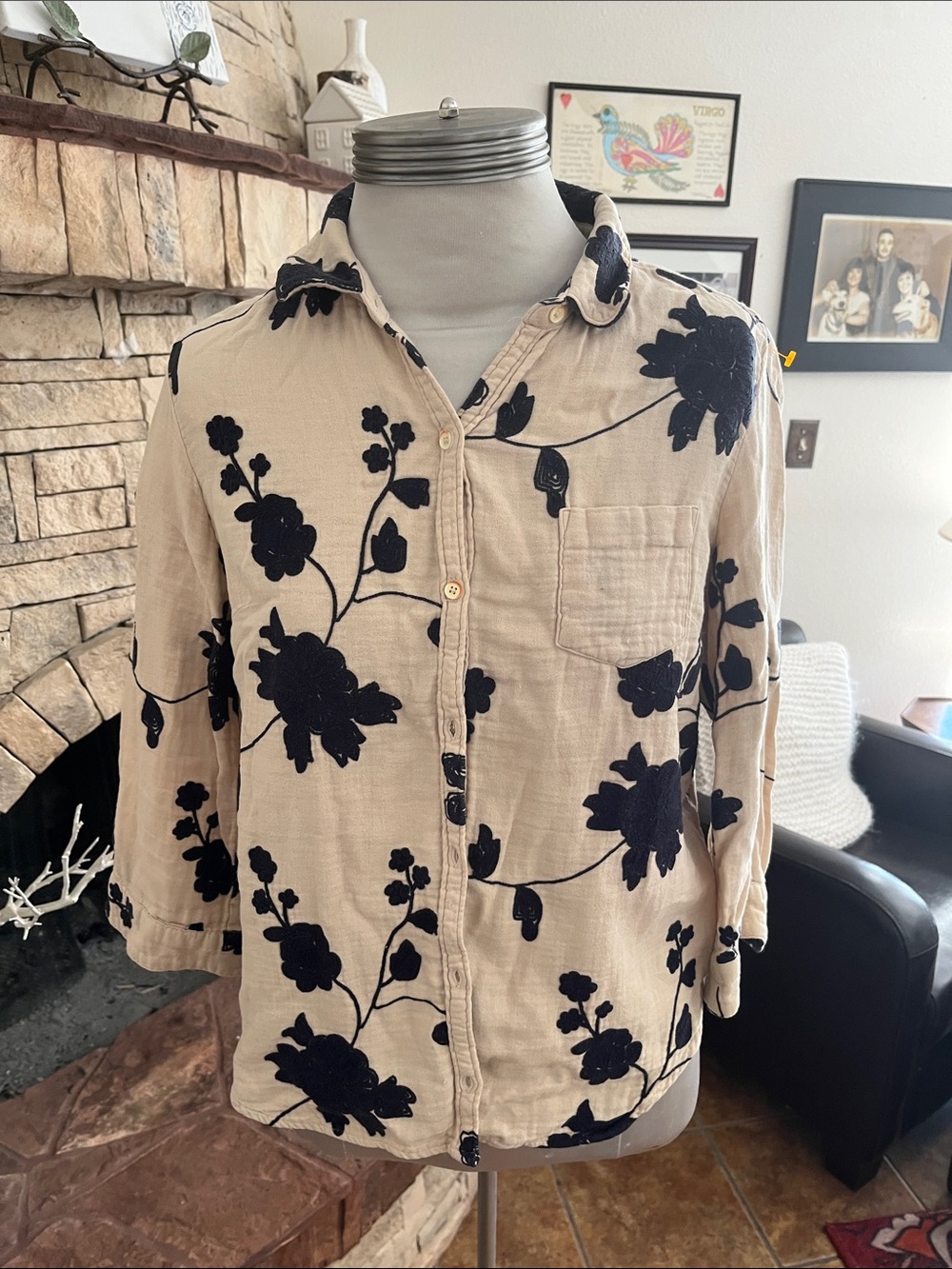 Isabella Sinclair Women's Cream Shirt with Black Floral Embroidery Size M